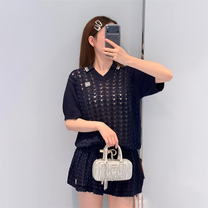 miumiu hollow knit short sleeve polo casual top & skirt